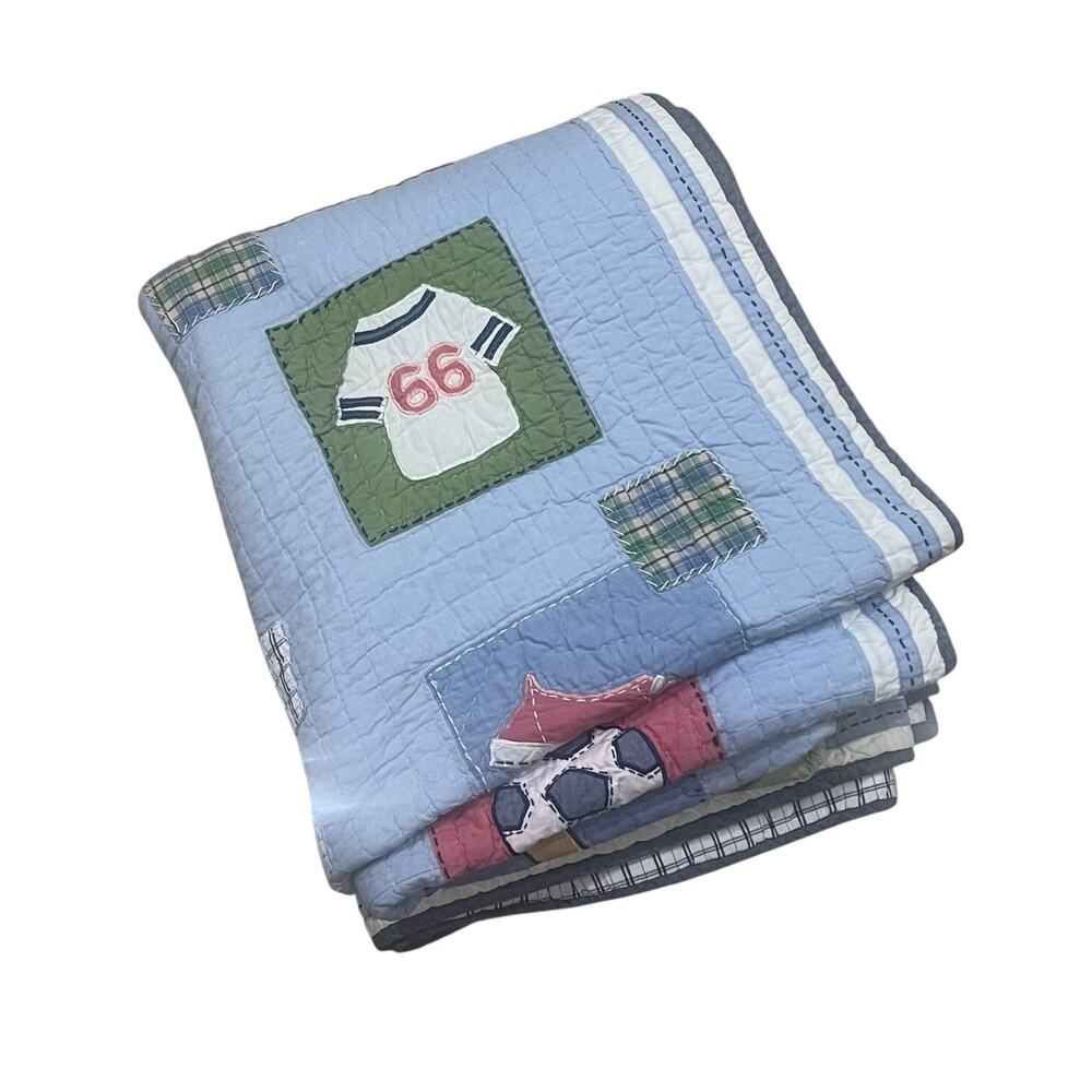 Pottery Barn Kids Boys Sports Patchwork Quilt Bed Blanket FLAW Blue Twin 68x86